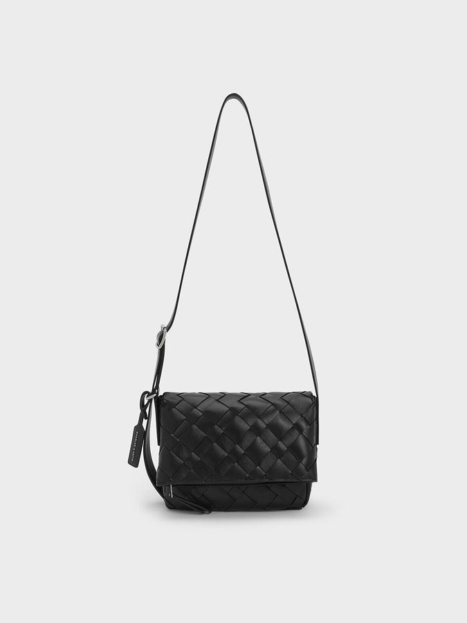 Ivette Woven Front Flap Crossbody Bag-NOIR
