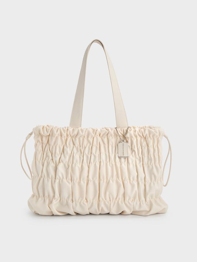 Klio Nylon Ruched Tote Bag-Cream