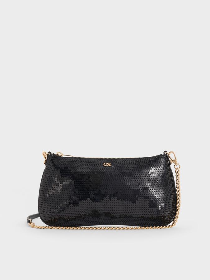 Sequin Mesh amp; Leather Shoulder Bag-BLACK