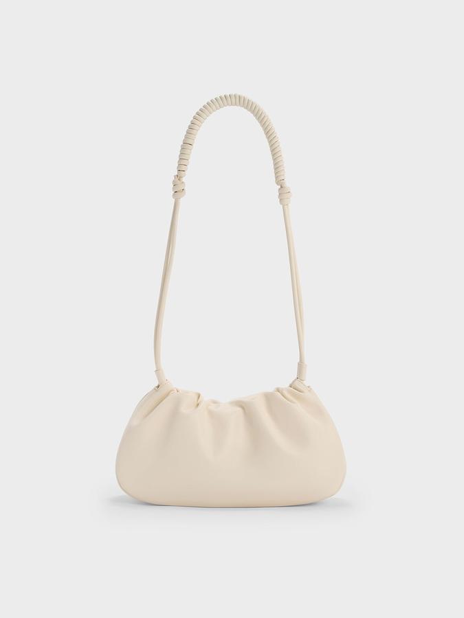 Lorelai Ruched Knotted-Strap Shoulder Bag-Cream