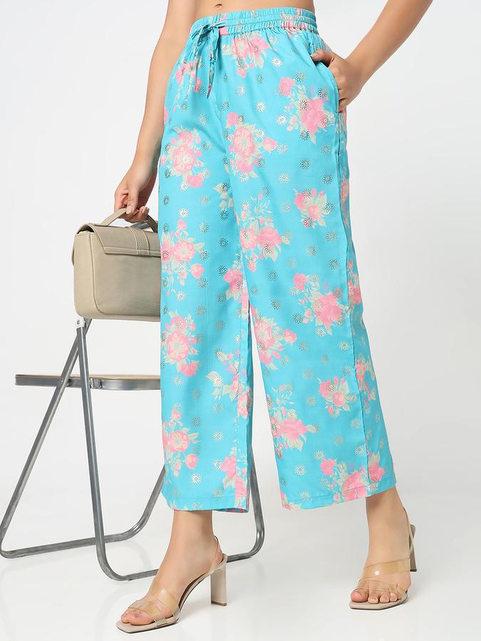 Women Poly Muslin Palazzo Drawstring Waist Printed Trousers